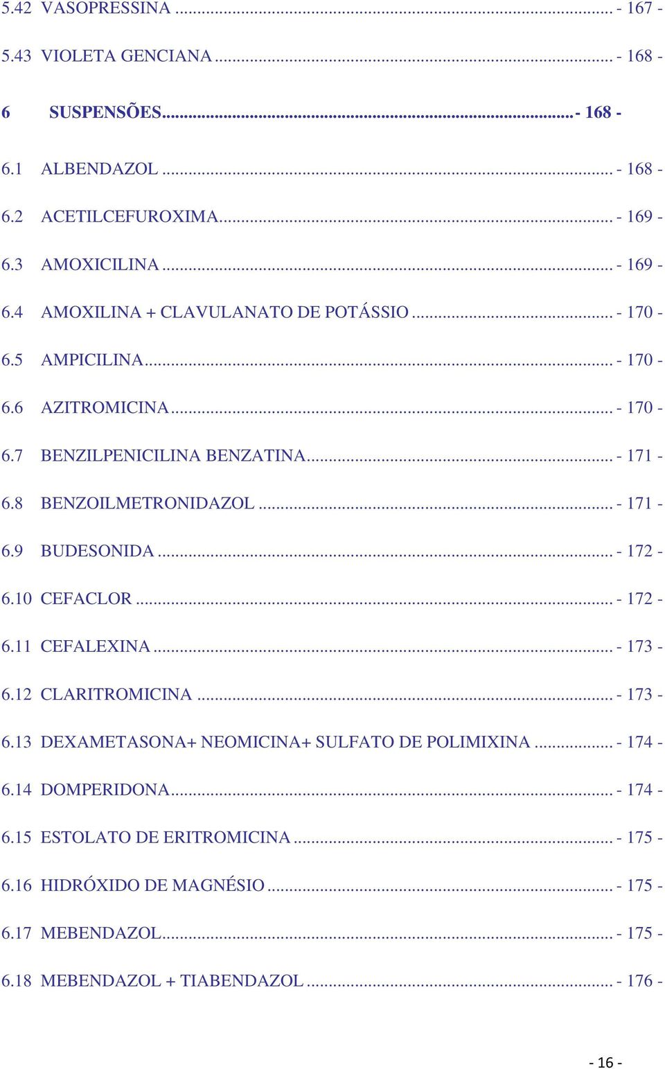 8 BENZOILMETRONIDAZOL... - 171-6.9 BUDESONIDA... - 172-6.10 CEFACLOR... - 172-6.11 CEFALEXINA... - 173-6.12 CLARITROMICINA... - 173-6.13 DEXAMETASONA+ NEOMICINA+ SULFATO DE POLIMIXINA.