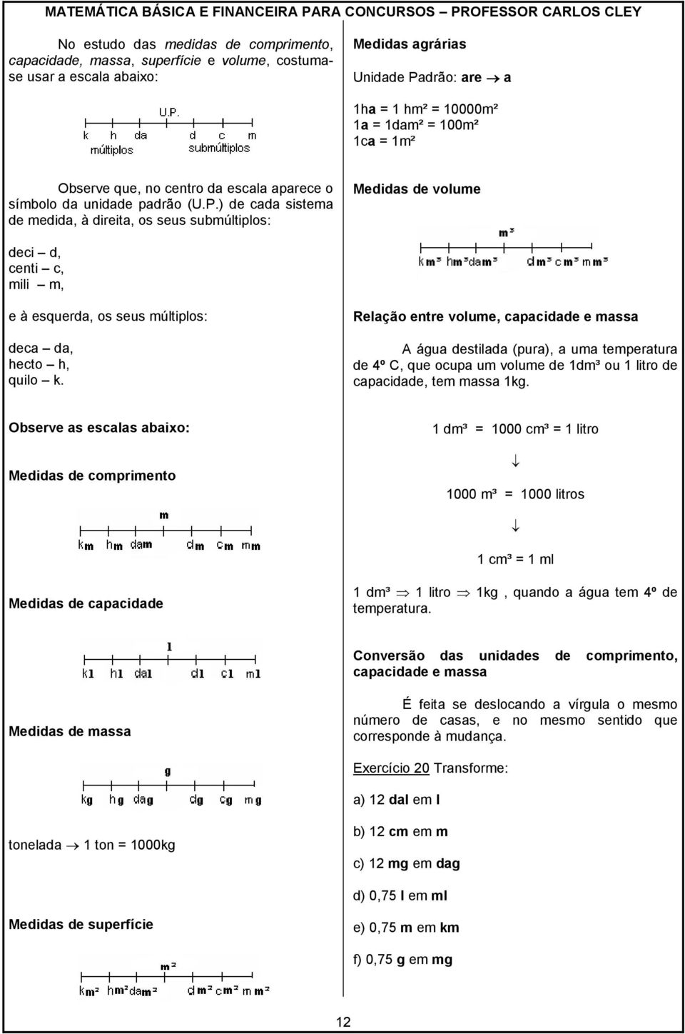 ) de cada sistema de medida, à direita, os seus submúltiplos: Medidas de volume deci d, centi c, mili m, e à esquerda, os seus múltiplos: deca da, hecto h, quilo k.