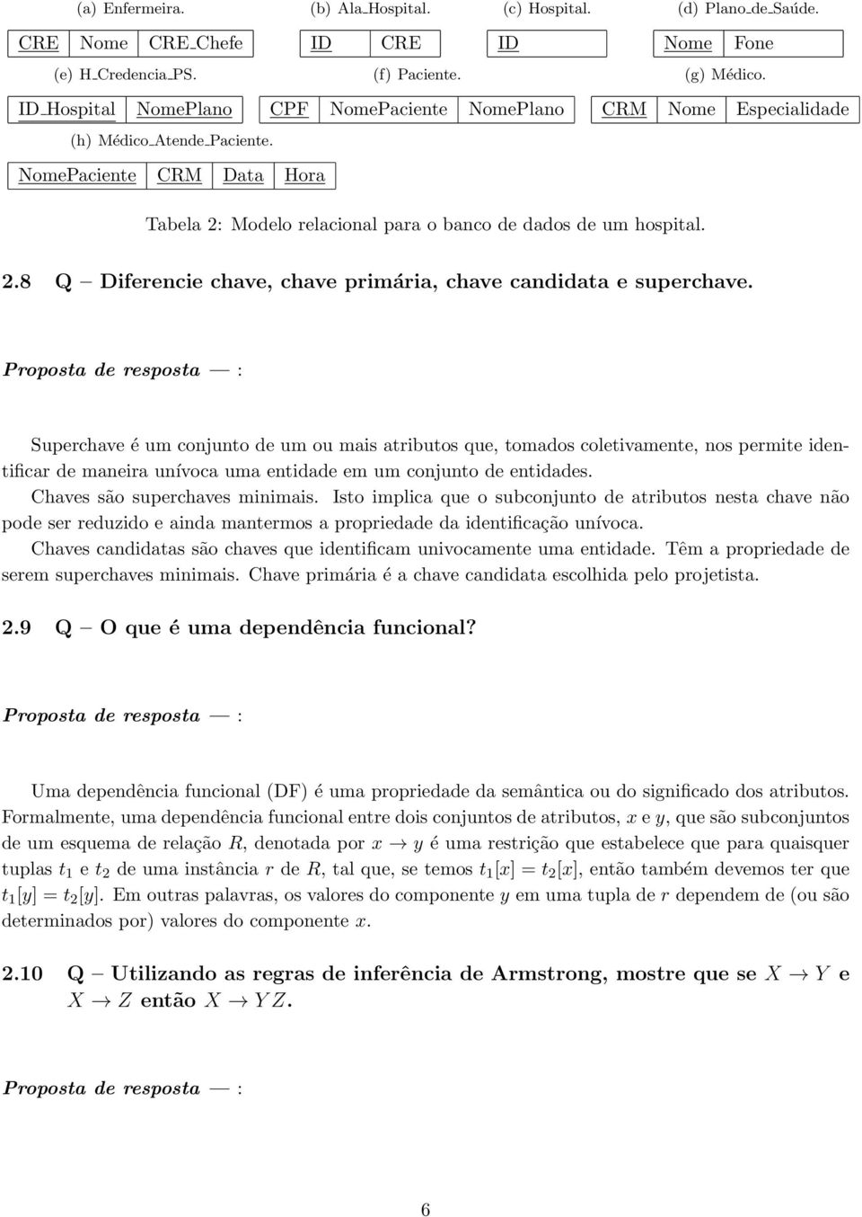 Modelo relacional para o banco de dados de um hospital. 2.8 Q Diferencie chave, chave primária, chave candidata e superchave.