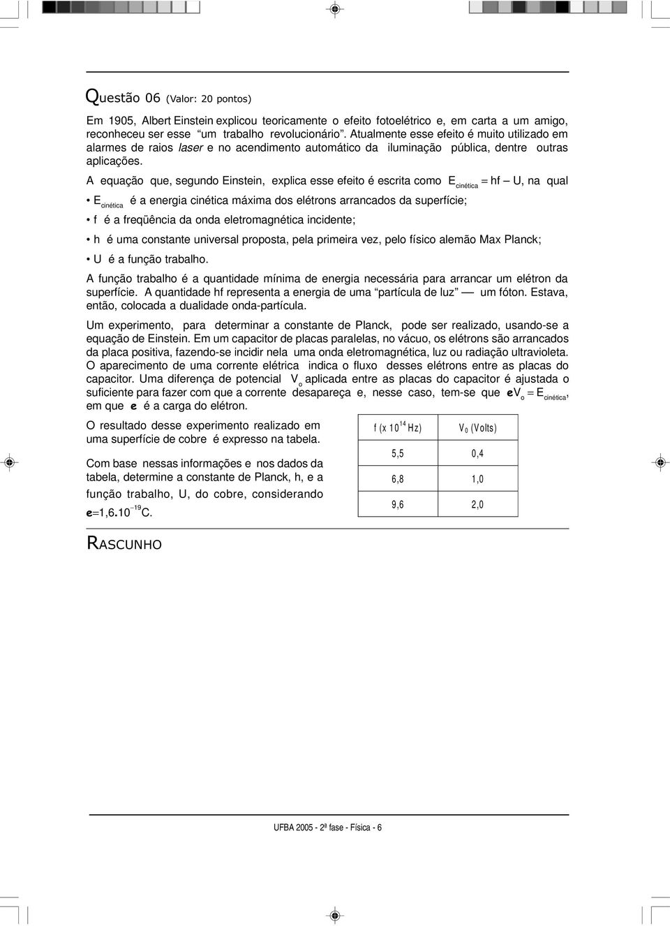 A equação que, segundo Einstein, explica esse efeito é escrita como E cinética = hf U, na qual E cinética é a energia cinética máxima dos elétrons arrancados da superfície; f é a freqüência da onda