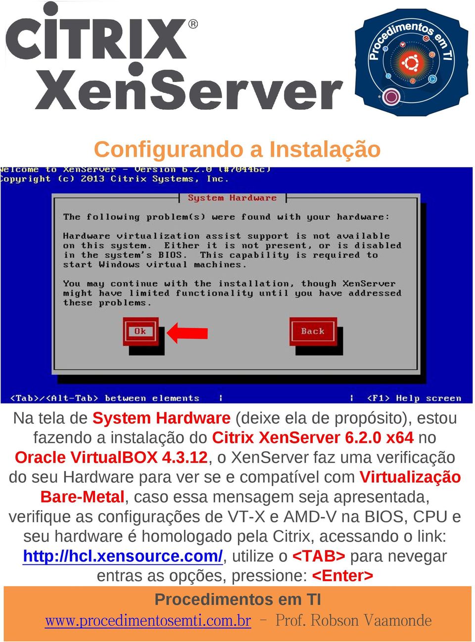 12, o XenServer faz uma verificação do seu Hardware para ver se e compatível com Virtualização Bare-Metal, caso essa mensagem