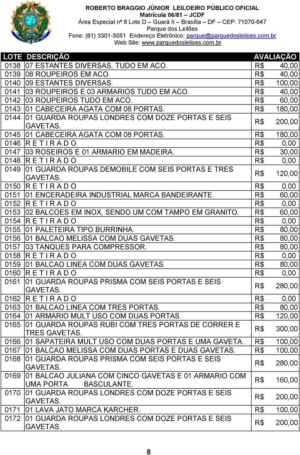 R$ 180,00 0146 R E T I R A D O R$ 0,00 0147 03 ROSEIROS E 01 ARMARIO EM MADEIRA.