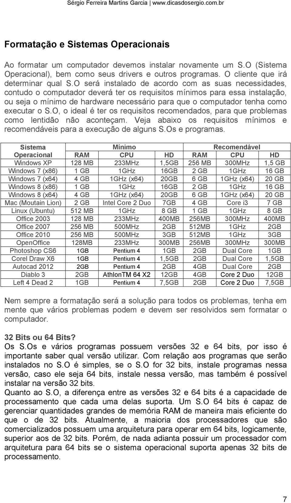 como executar o S.O, o ideal é ter os requisitos recomendados, para que problemas como lentidão não aconteçam. Veja abaixo os requisitos mínimos e recomendáveis para a execução de alguns S.