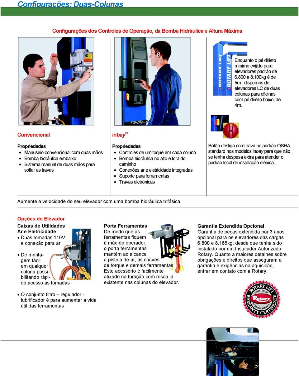 Convencional Propriedades Manuseio convencional com duas mãos Bomba hidráulica embaixo Sistema manual de duas mãos para soltar as travas inbay Propriedades Controles de um toque em cada coluna Bomba