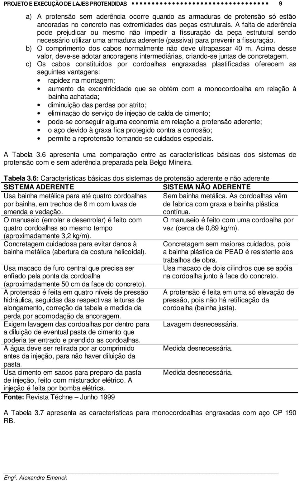 b) O comprimento dos cabos normalmente não deve ultrapassar 40 m. Acima desse valor, deve-se adotar ancoragens intermediárias, criando-se juntas de concretagem.