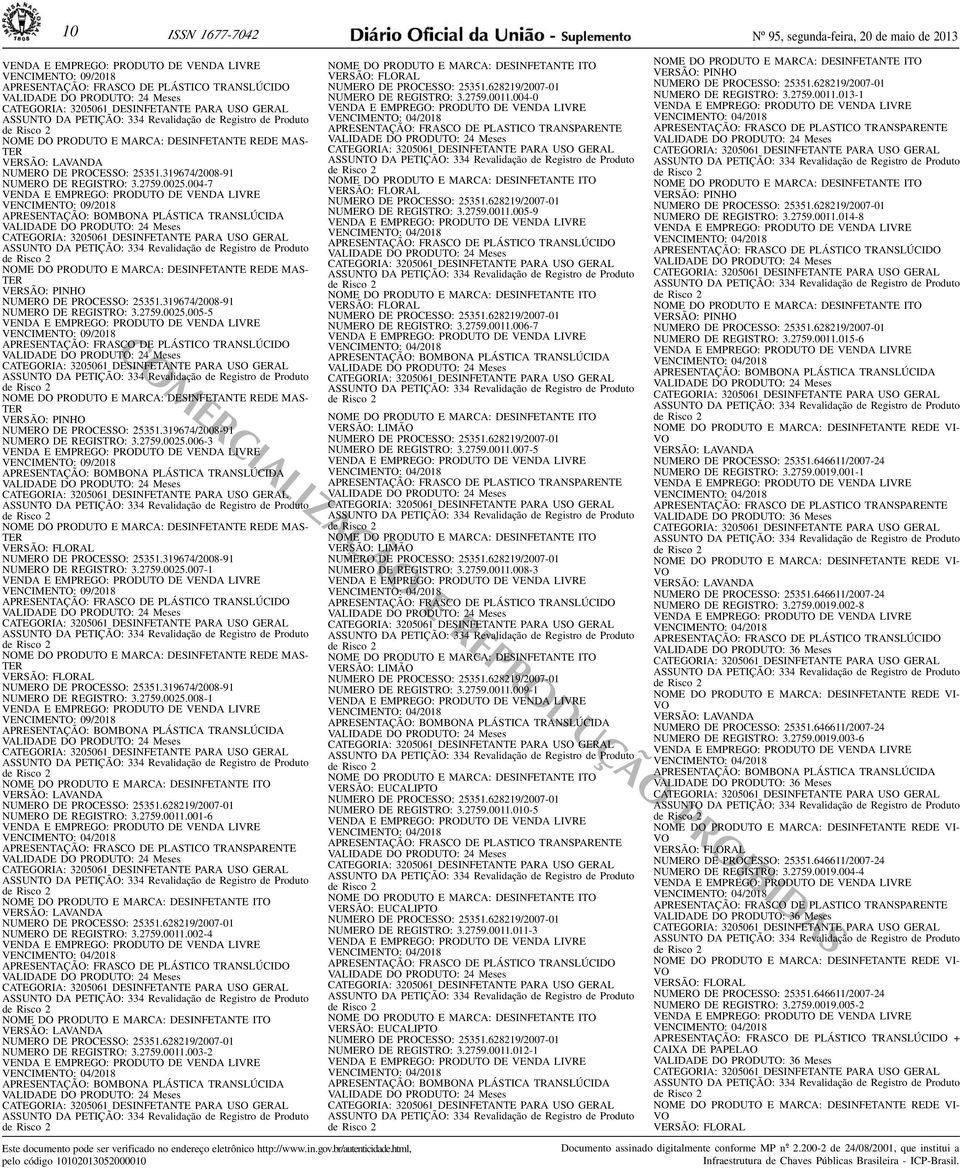 DESINFETANTE PARA USO GERAL NOME DO PRODUTO E MARCA: DESINFETANTE REDE MAS- TER VERSÃO: PINHO NUMERO DE PROCESSO: 25351319674/2008-91 NUMERO DE REGISTRO: 327590025005-5 VENCIMENTO: 09/2018