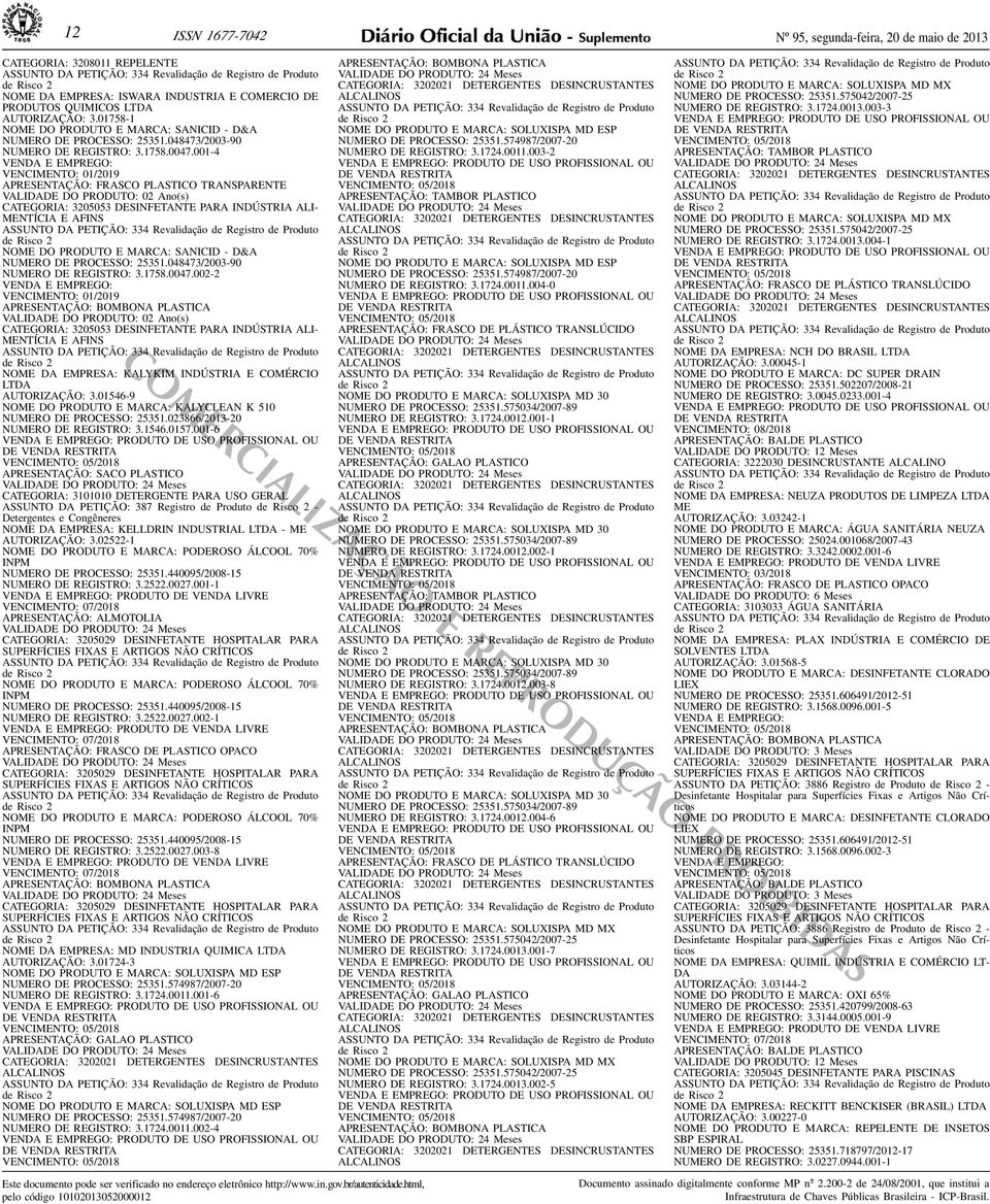 Ano(s) CATEGORIA: 3205053 DESINFETANTE PARA INDÚSTRIA ALI- MENTÍCIA E AFINS NOME DO PRODUTO E MARCA: SANICID - D&A NUMERO DE PROCESSO: 25351048473/2003-90 NUMERO DE REGISTRO: 317580047002-2 VEN E