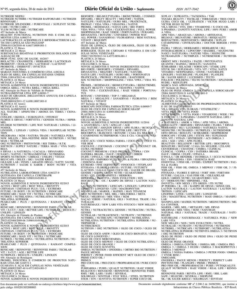 PAULO/SP 25004011126/2010-44 666370009001-1 PLASTICA 22 Meses METALICA 22 Meses SUBSTANCIAS BIOATIVAS E PROBIOTICOS ISOLADOS COM ALEGAÇÃO DE PROP FUNC E/OU DE SAUDE 10/2017 BIOLACTIS / CRANBIOTIL /