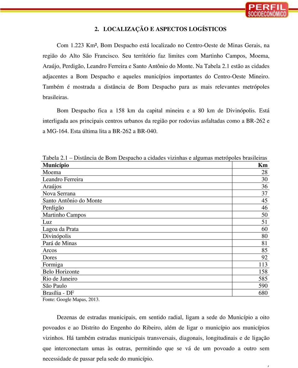 1 estão as cidades adjacentes a Bom Despacho e aqueles municípios importantes do Centro-Oeste Mineiro. Também é mostrada a distância de Bom Despacho para as mais relevantes metrópoles brasileiras.