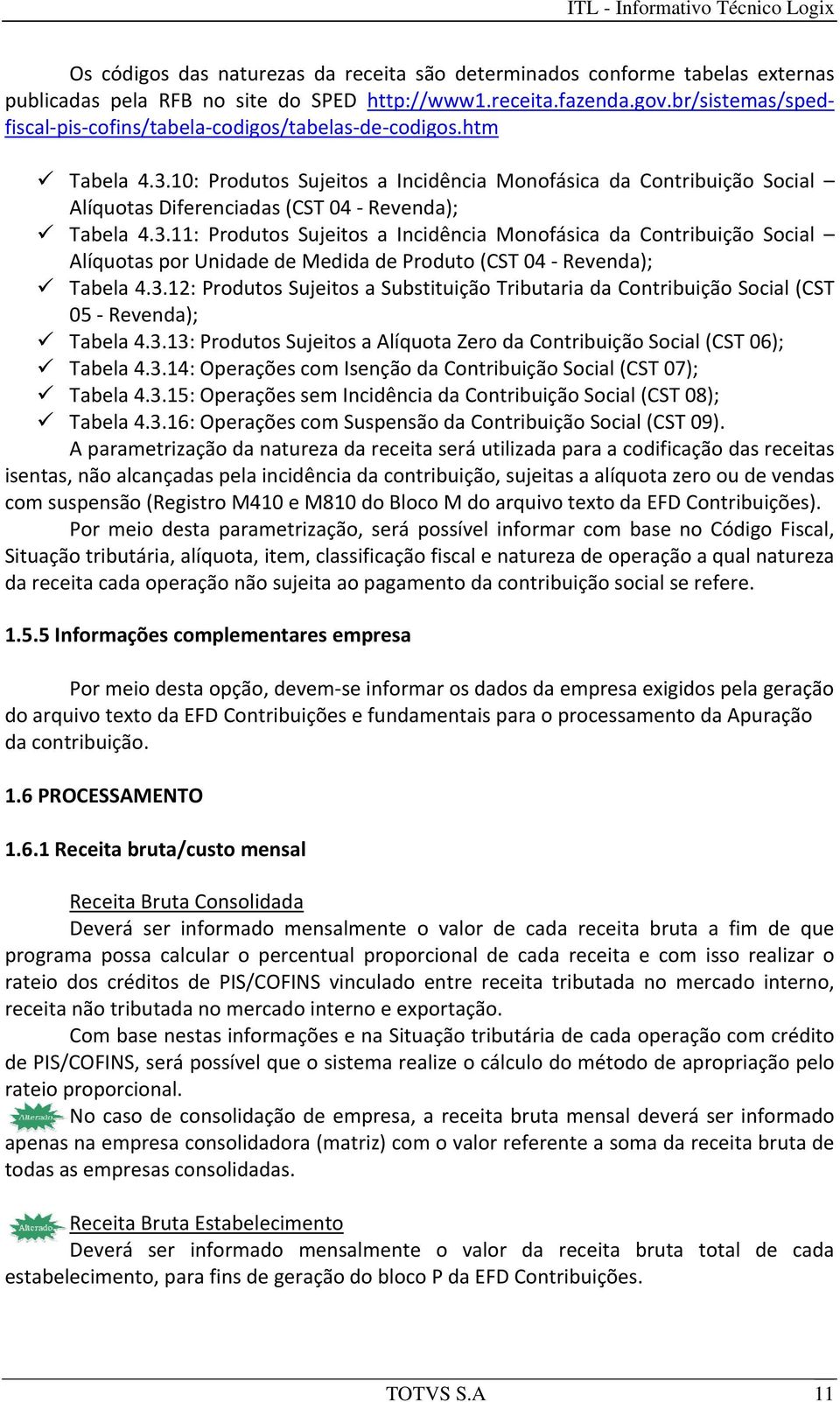 10: Produtos Sujeitos a Incidência Monofásica da Contribuição Social Alíquotas Diferenciadas (CST 04 Revenda); Tabela 4.3.