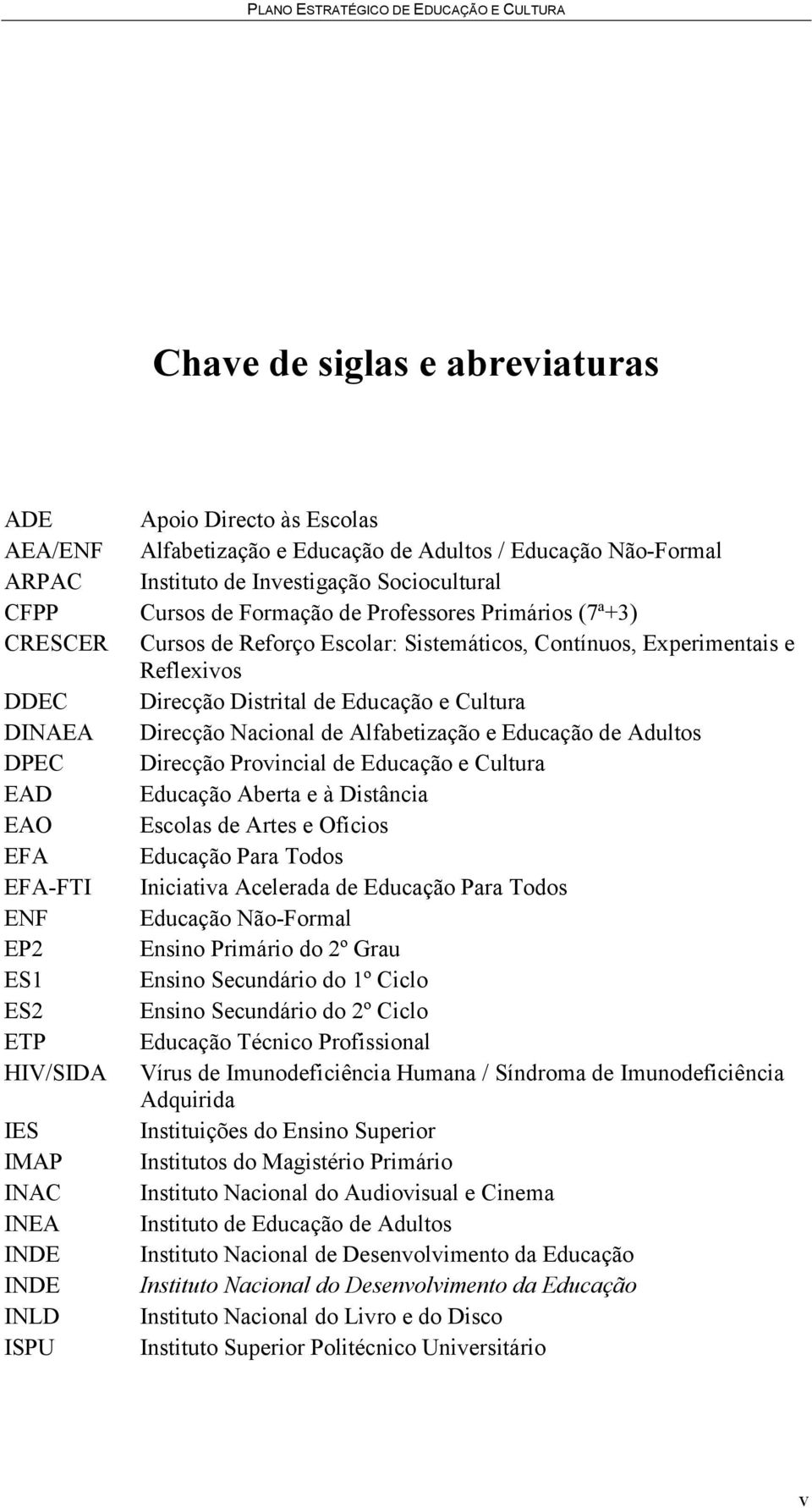 Cultura DINAEA Direcção Nacional de Alfabetização e Educação de Adultos DPEC Direcção Provincial de Educação e Cultura EAD Educação Aberta e à Distância EAO Escolas de Artes e Ofícios EFA Educação