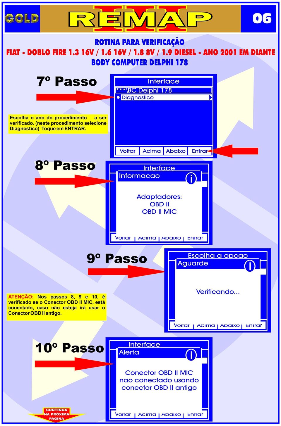 8º Passo Interface Informacao Pergunta Adaptadores: OBD II OBD II MIC ATENÇÃO: Nos passos 8, 9 e 10, é verfcado se o Conector