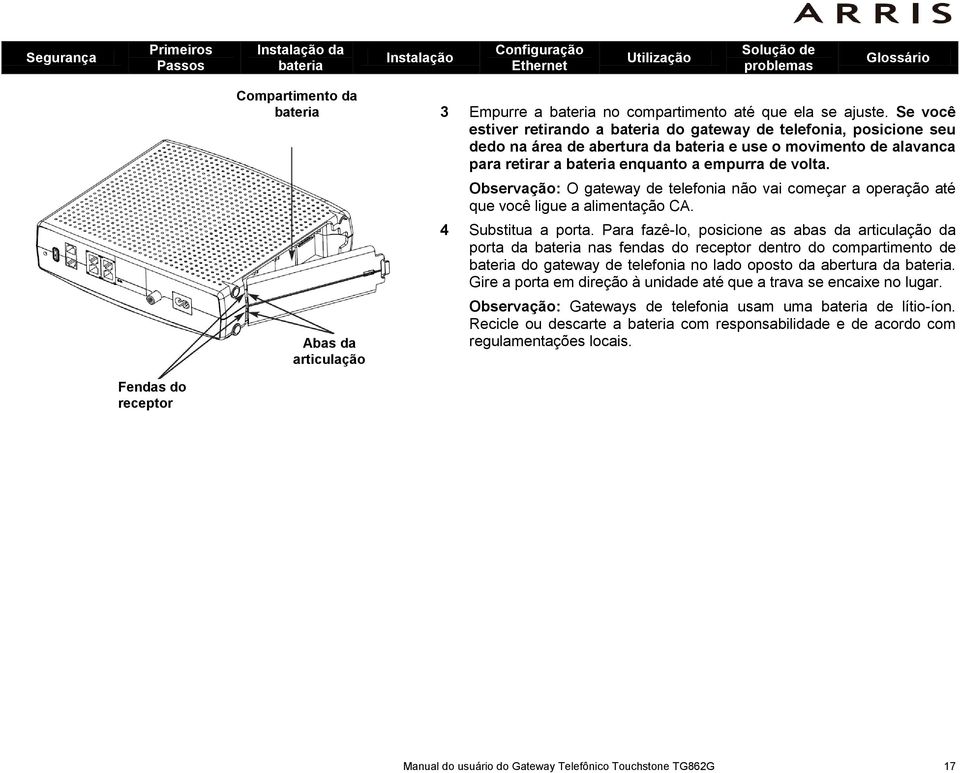 Observação: O gateway de telefonia não vai começar a operação até que você ligue a alimentação CA. 4 Substitua a porta.