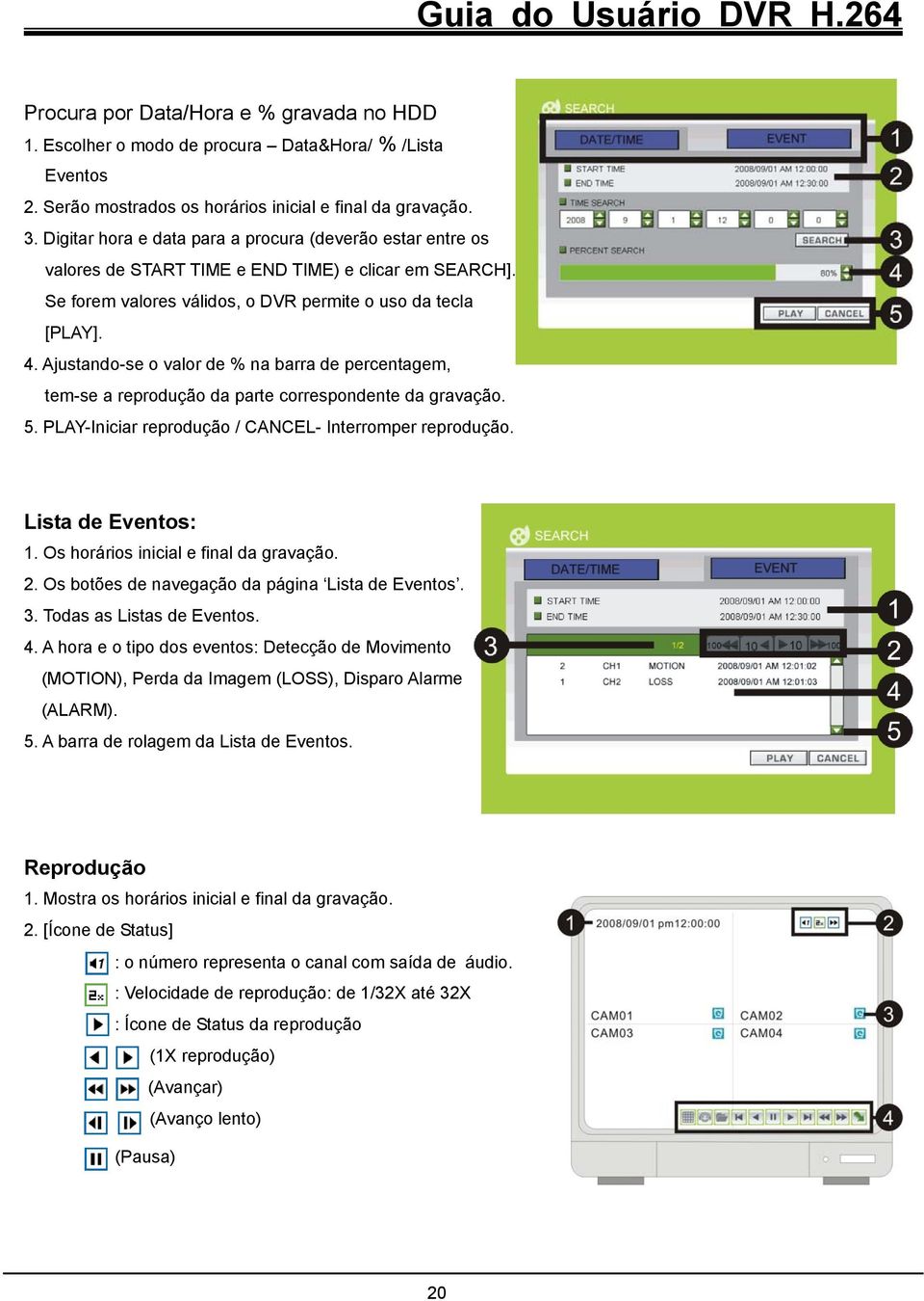 Ajustando-se o valor de % na barra de percentagem, tem-se a reprodução da parte correspondente da gravação. 5. PLAY-Iniciar reprodução / CANCEL- Interromper reprodução. Lista de Eventos: 1.