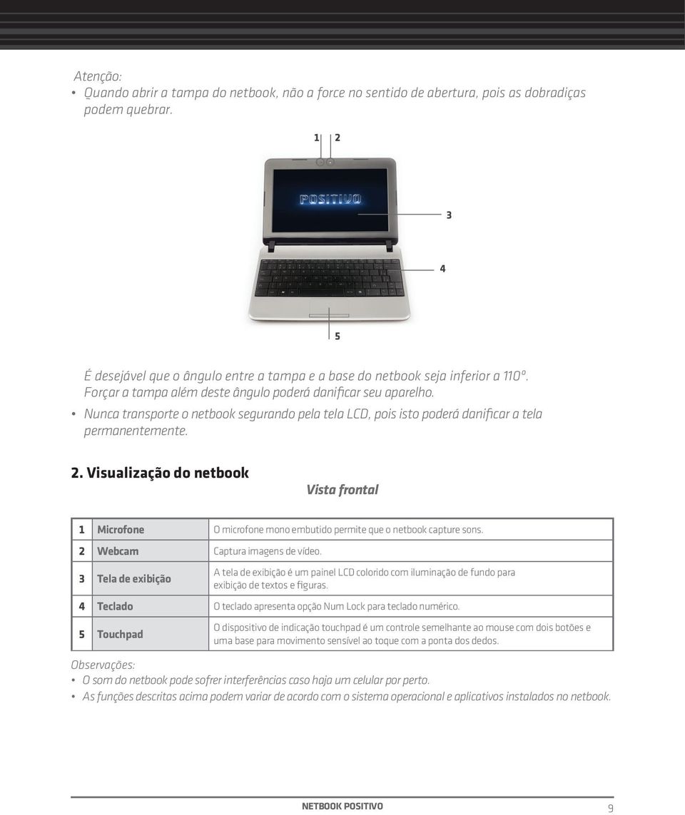 Nunca transporte o netbook segurando pela tela LCD, pois isto poderá danificar a tela permanentemente. 2.