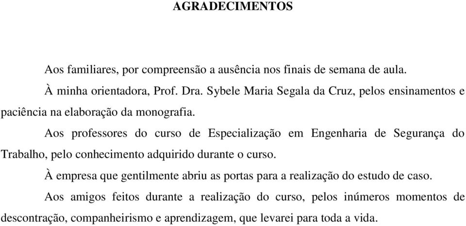 Aos professores do curso de Especialização em Engenharia de Segurança do Trabalho, pelo conhecimento adquirido durante o curso.