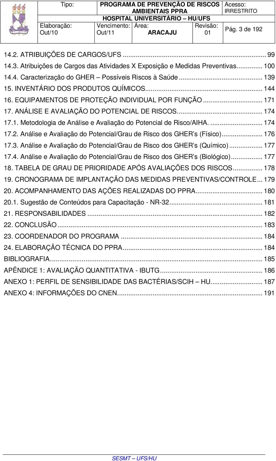 ... 174 17.2. Análise e Avaliação do Potencial/Grau de Risco dos GHER s (Físico)... 176 17.3. Análise e Avaliação do Potencial/Grau de Risco dos GHER s (Químico)... 177 17.4. Análise e Avaliação do Potencial/Grau de Risco dos GHER s (Biológico).