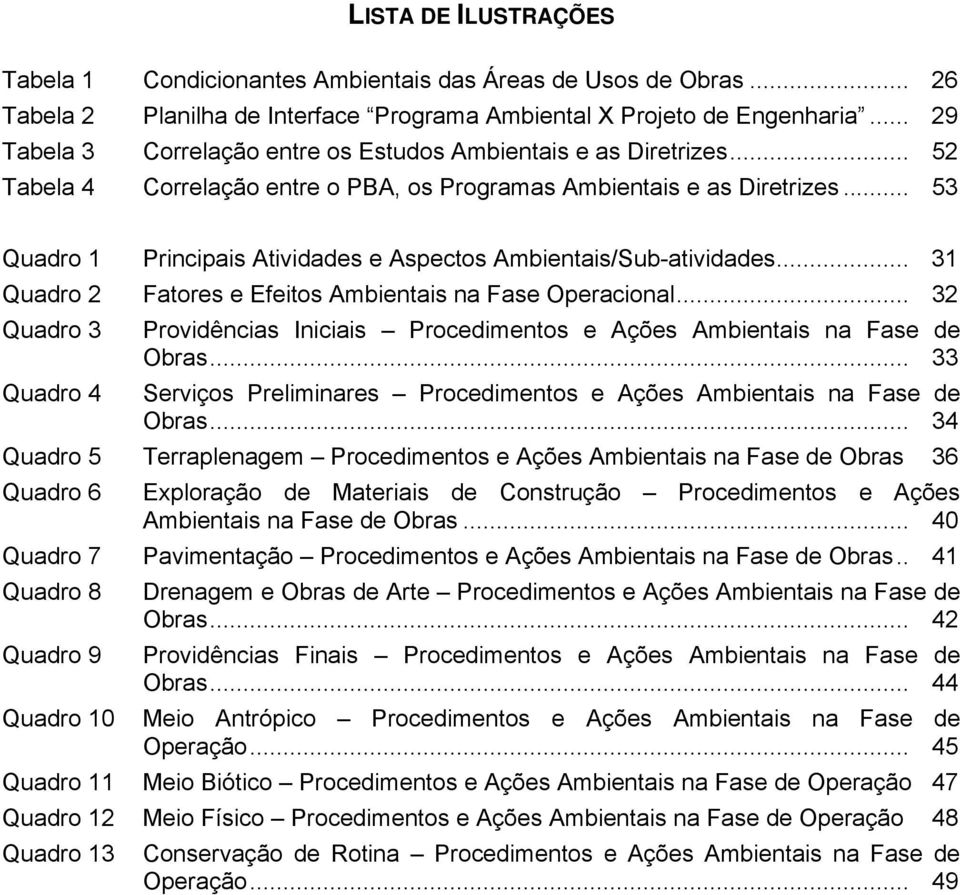 .. 53 Quadro 1 Principais Atividades e Aspectos Ambientais/Sub-atividades... 31 Quadro 2 Fatores e Efeitos Ambientais na Fase Operacional.