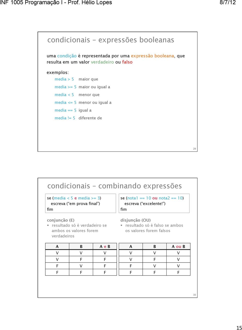 = 5 diferente de 29 condicionais combinando expressões se (media < 5 e media >= 3) ( em prova final ) conjunção (E) resultado só é verdadeiro se ambos os