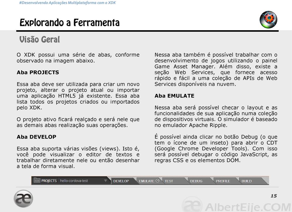 Essa aba lista todos os projetos criados ou importados pelo XDK. O projeto ativo ficará realçado e será nele que as demais abas realização suas operações.