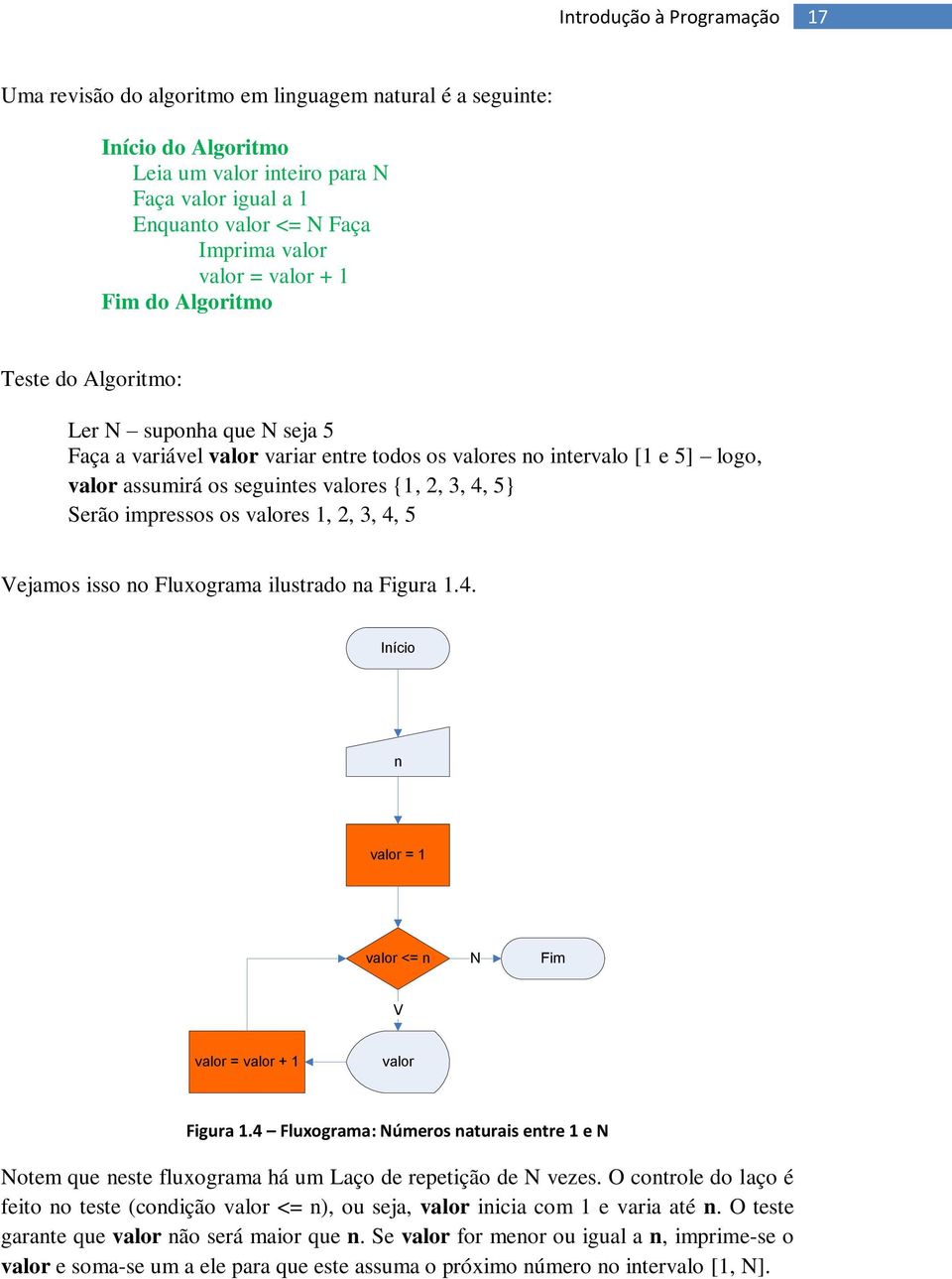 {1, 2, 3, 4, 5} Serão impressos os valores 1, 2, 3, 4, 5 Vejamos isso no Fluxograma ilustrado na Figura 1.4. Início n valor = 1 valor <= n N Fim V valor = valor + 1 valor Figura 1.