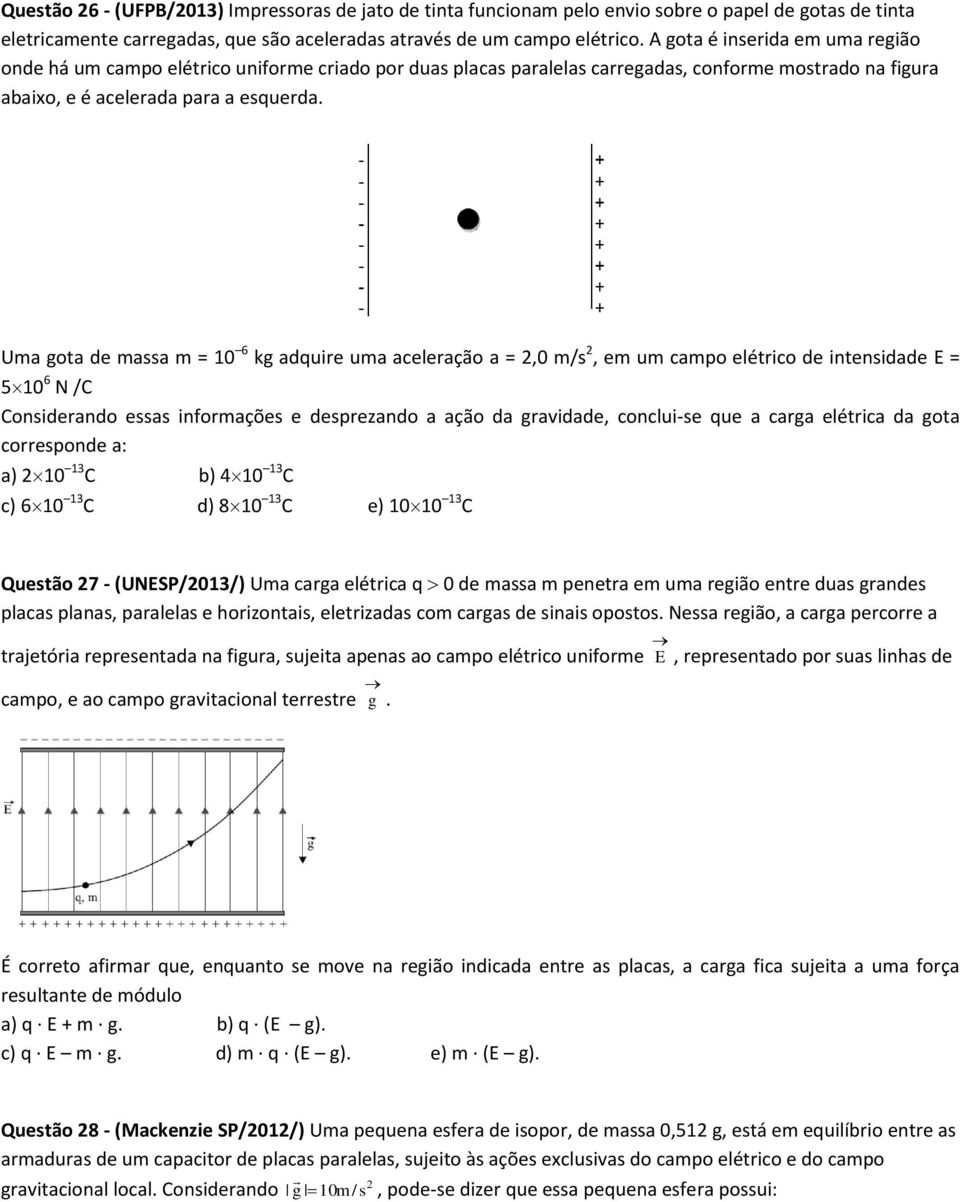 Uma gota de massa m = 10 6 kg adquire uma aceleração a =,0 m/s, em um campo elétrico de intensidade E = 5 10 6 N /C Considerando essas informações e desprezando a ação da gravidade, conclui-se que a