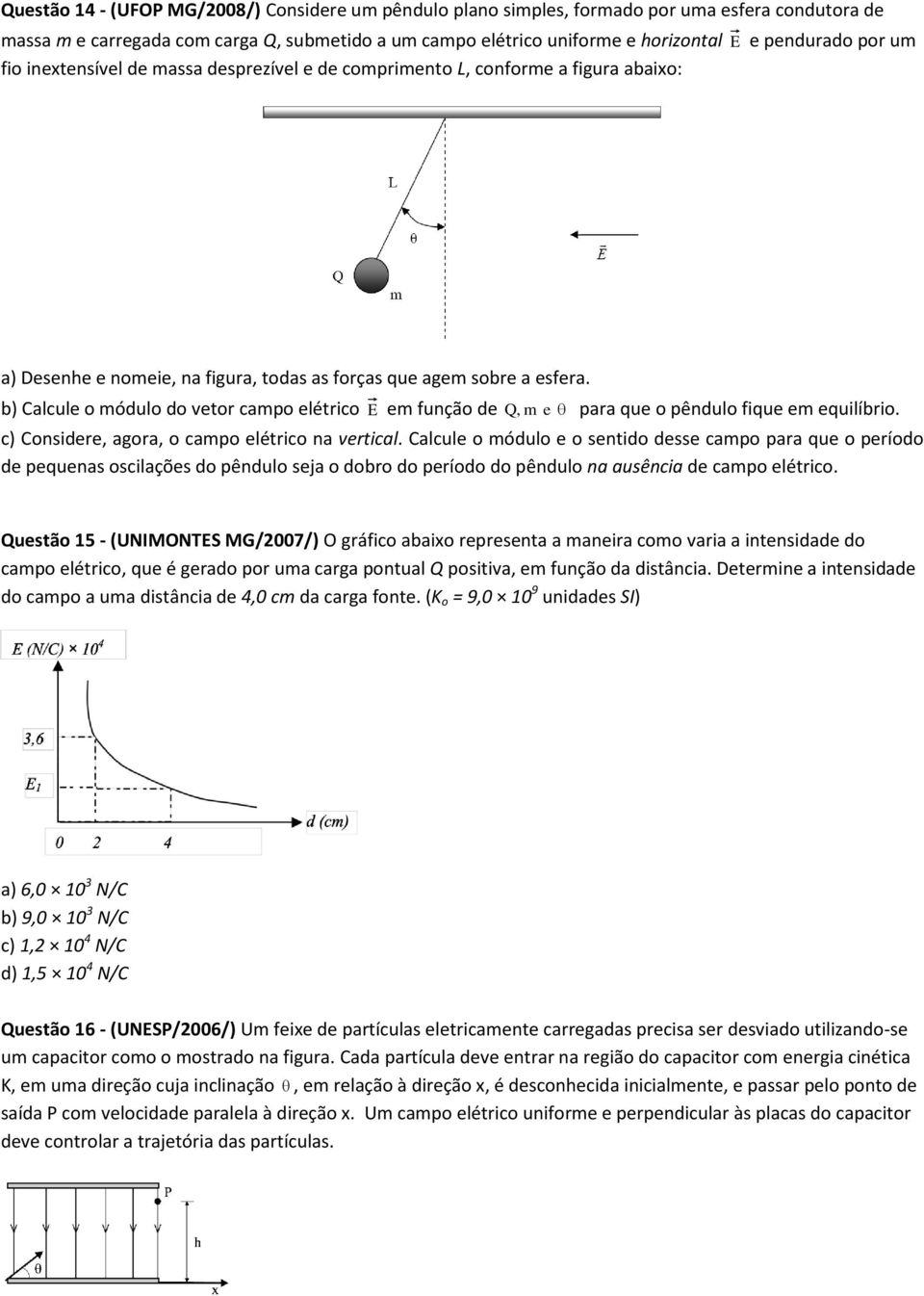 b) Calcule o módulo do vetor campo elétrico E em função de Q, m e para que o pêndulo fique em equilíbrio. c) Considere, agora, o campo elétrico na vertical.