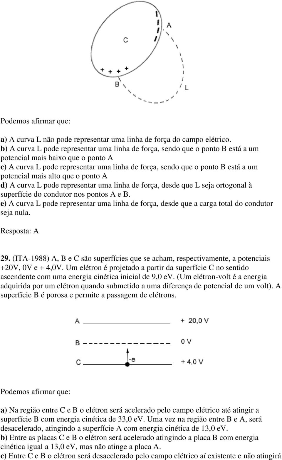 potencial mais alto que o ponto A d) A curva L pode representar uma linha de força, desde que L seja ortogonal à superfície do condutor nos pontos A e B.