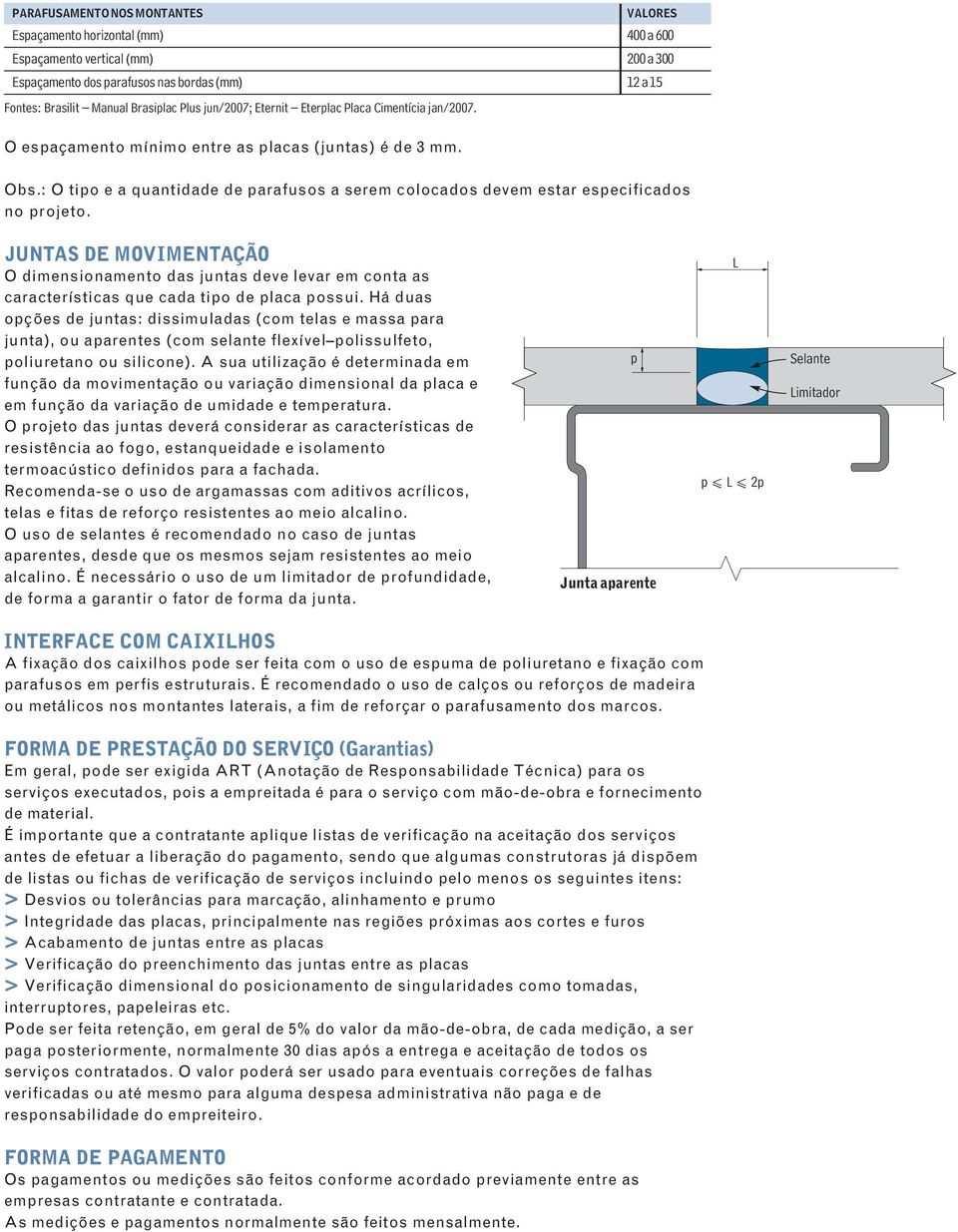 : O tipo e a quantidade de parafusos a serem colocados devem estar especificados no projeto.