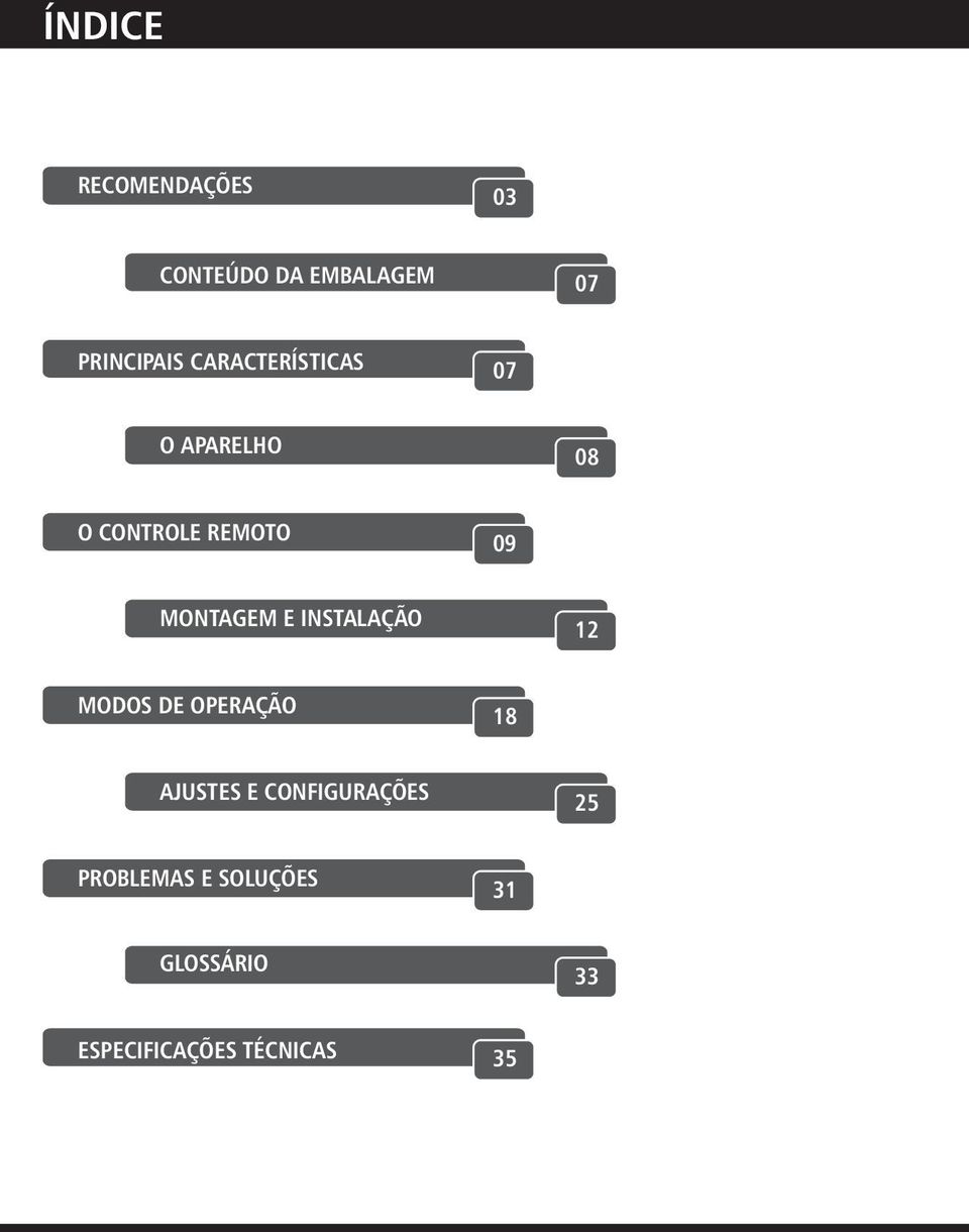 E INSTALAÇÃO 12 MODOS DE OPERAÇÃO 18 AJUSTES E CONFIGURAÇÕES