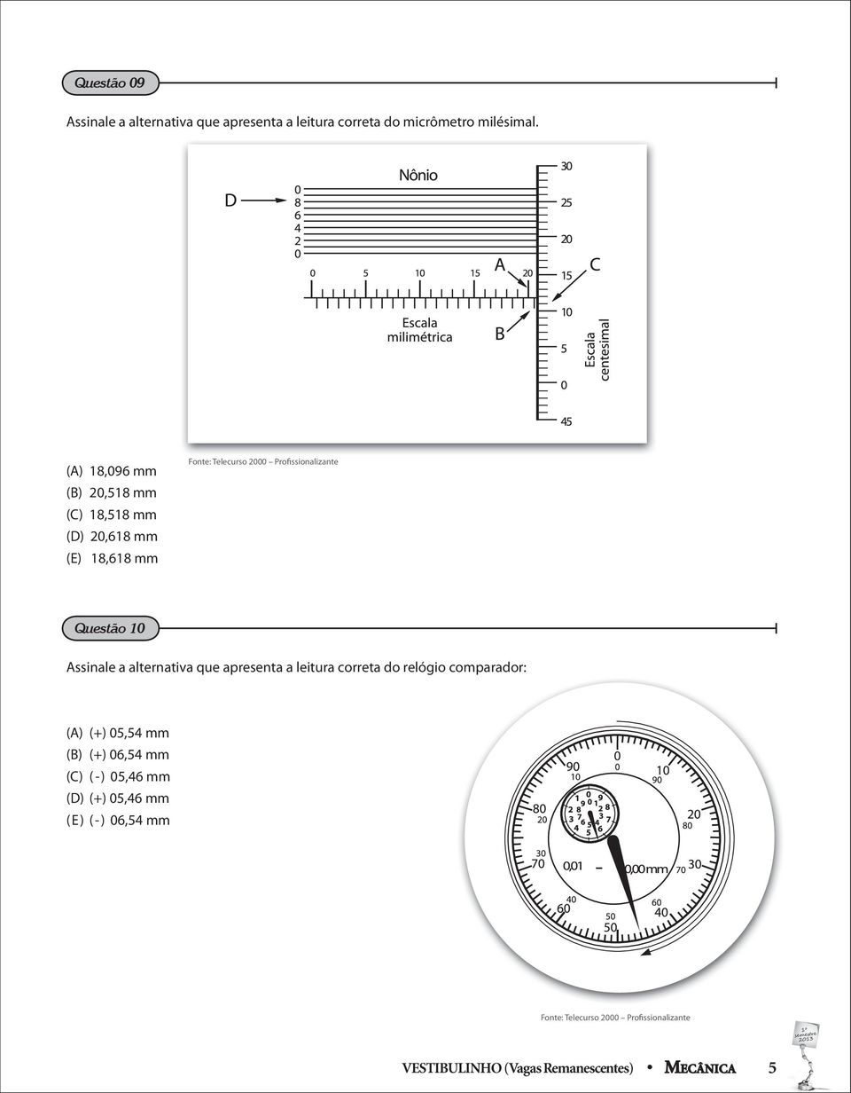 Questão 10 Assinale a alternativa que apresenta a leitura correta do relógio comparador: (A) (+) 05,54 mm (B) (+)