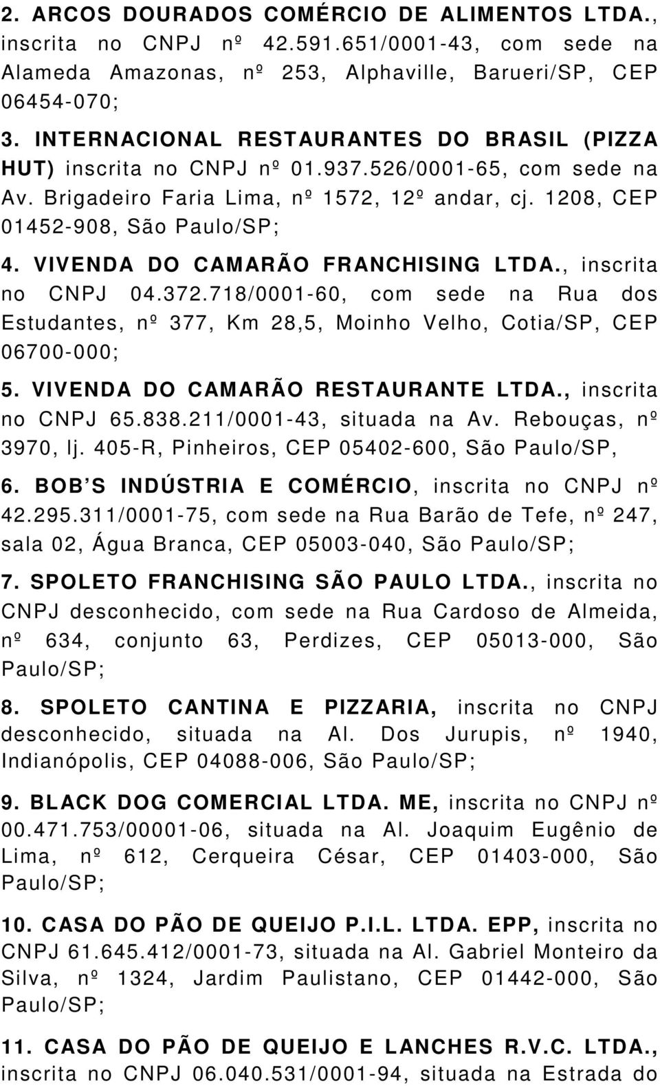 VIVENDA DO CAMARÃO FRANCHISING LTDA., inscrita no CNPJ 04.372.718/0001-60, com sede na Rua dos Estudantes, nº 377, Km 28,5, Moinho Velho, Cotia/SP, CEP 06700-000; 5.