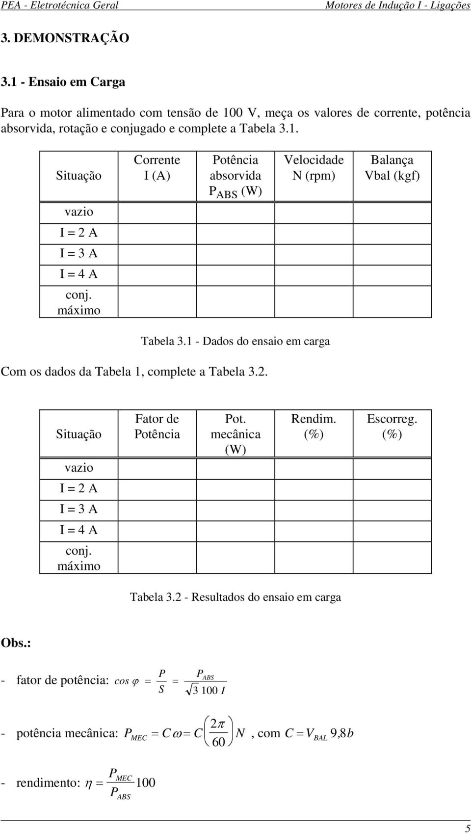 mecânica (W) Rendim. (%) Escorreg. (%) Tabela 3.2 - Resultados do ensaio em carga Obs.