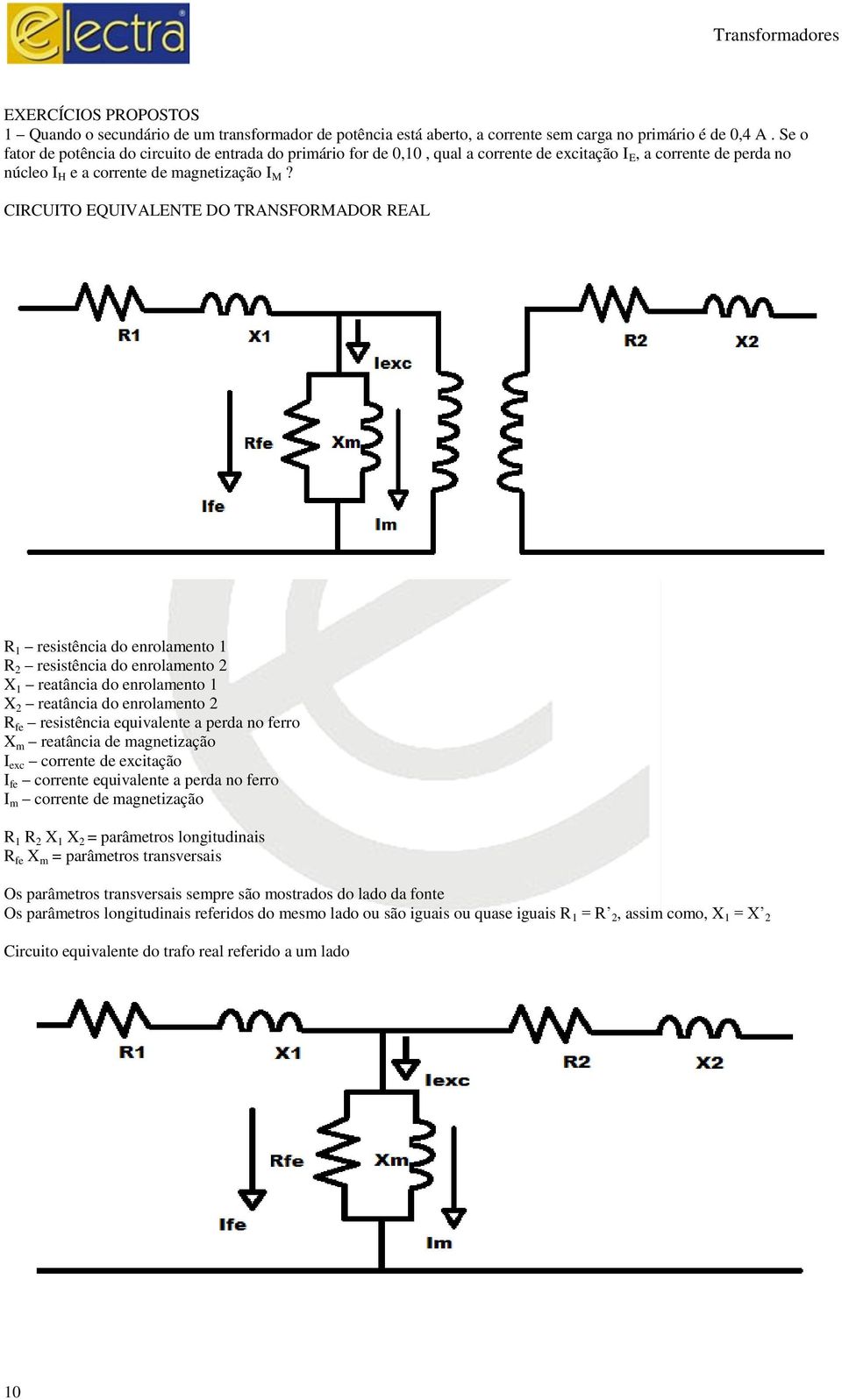 CIRCUITO EQUIVALENTE DO TRANSFORMADOR REAL R 1 resistência do enrolamento 1 R 2 resistência do enrolamento 2 X 1 reatância do enrolamento 1 X 2 reatância do enrolamento 2 R fe resistência equivalente