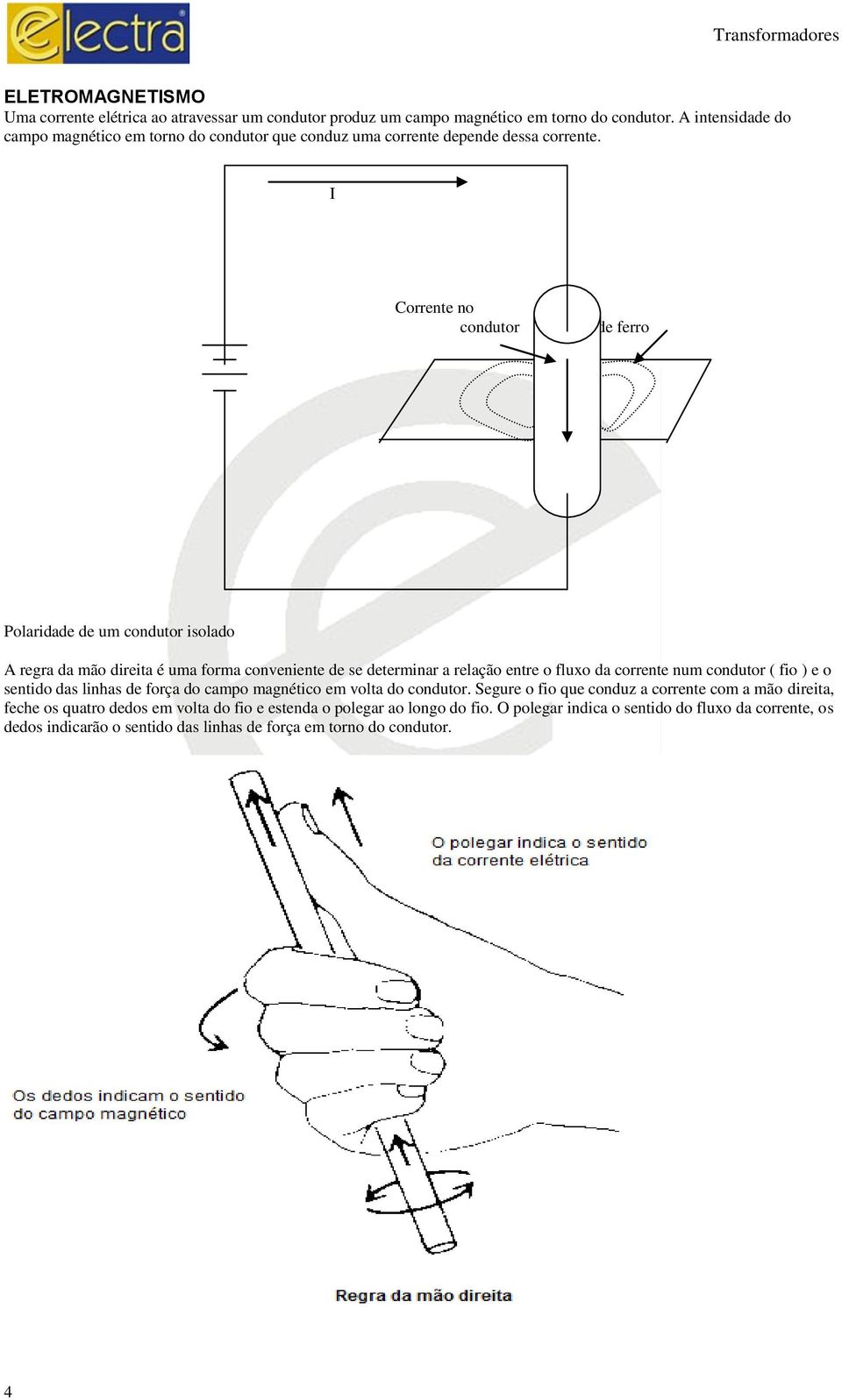 I Corrente no condutor Limalha de ferro Polaridade de um condutor isolado A regra da mão direita é uma forma conveniente de se determinar a relação entre o fluxo da corrente num