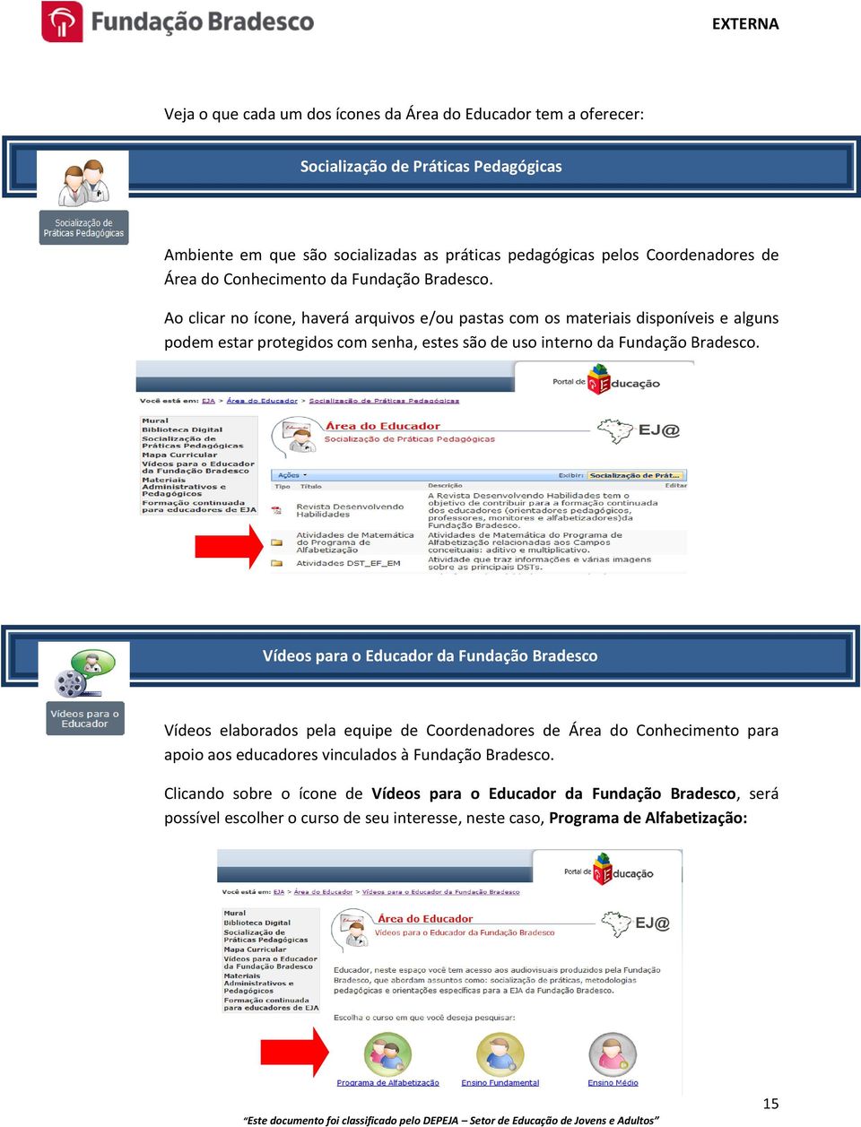 Ao clicar no ícone, haverá arquivos e/ou pastas com os materiais disponíveis e alguns podem estar protegidos com senha, estes são de uso interno da Fundação Bradesco.