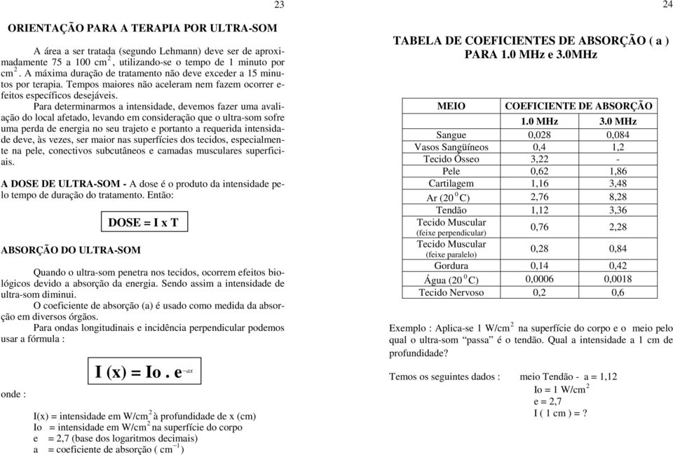 Para determinarmos a intensidade, devemos fazer uma avaliação do local afetado, levando em consideração que o ultra-som sofre uma perda de energia no seu trajeto e portanto a requerida intensidade