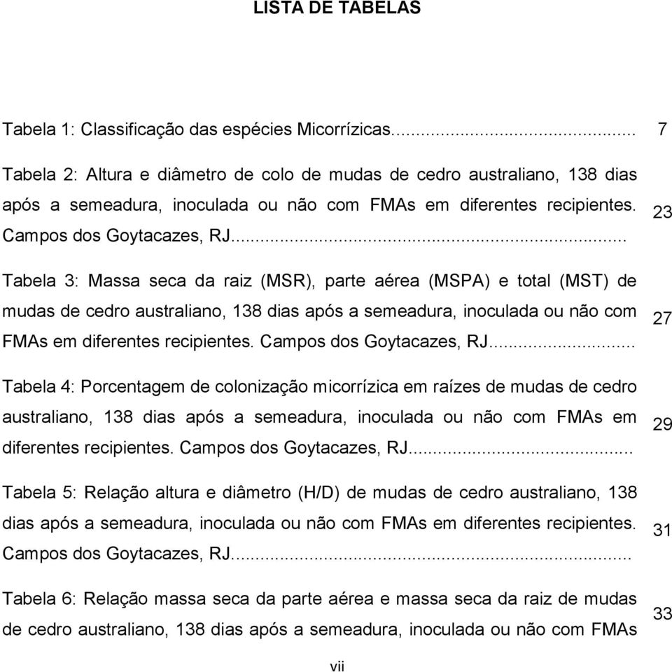 .. Tabela 3: Massa seca da raiz (MSR), parte aérea (MSPA) e total (MST) de mudas de cedro australiano, 138 dias após a semeadura, inoculada ou não com FMAs em diferentes recipientes.