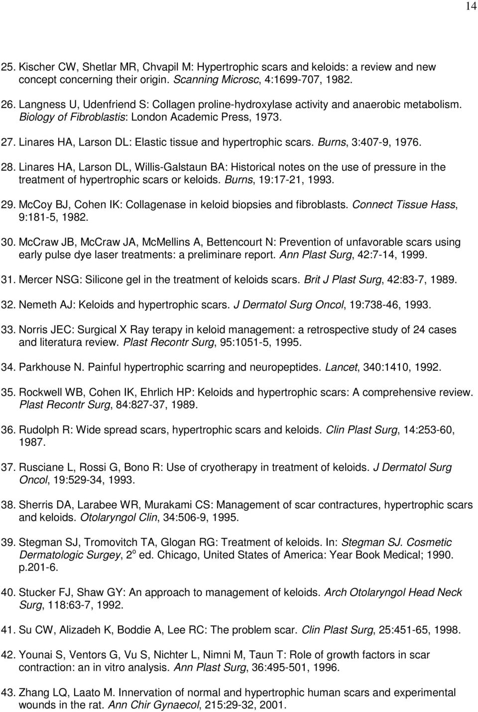 Linares HA, Larson DL: Elastic tissue and hypertrophic scars. Burns, 3:407-9, 1976. 28.