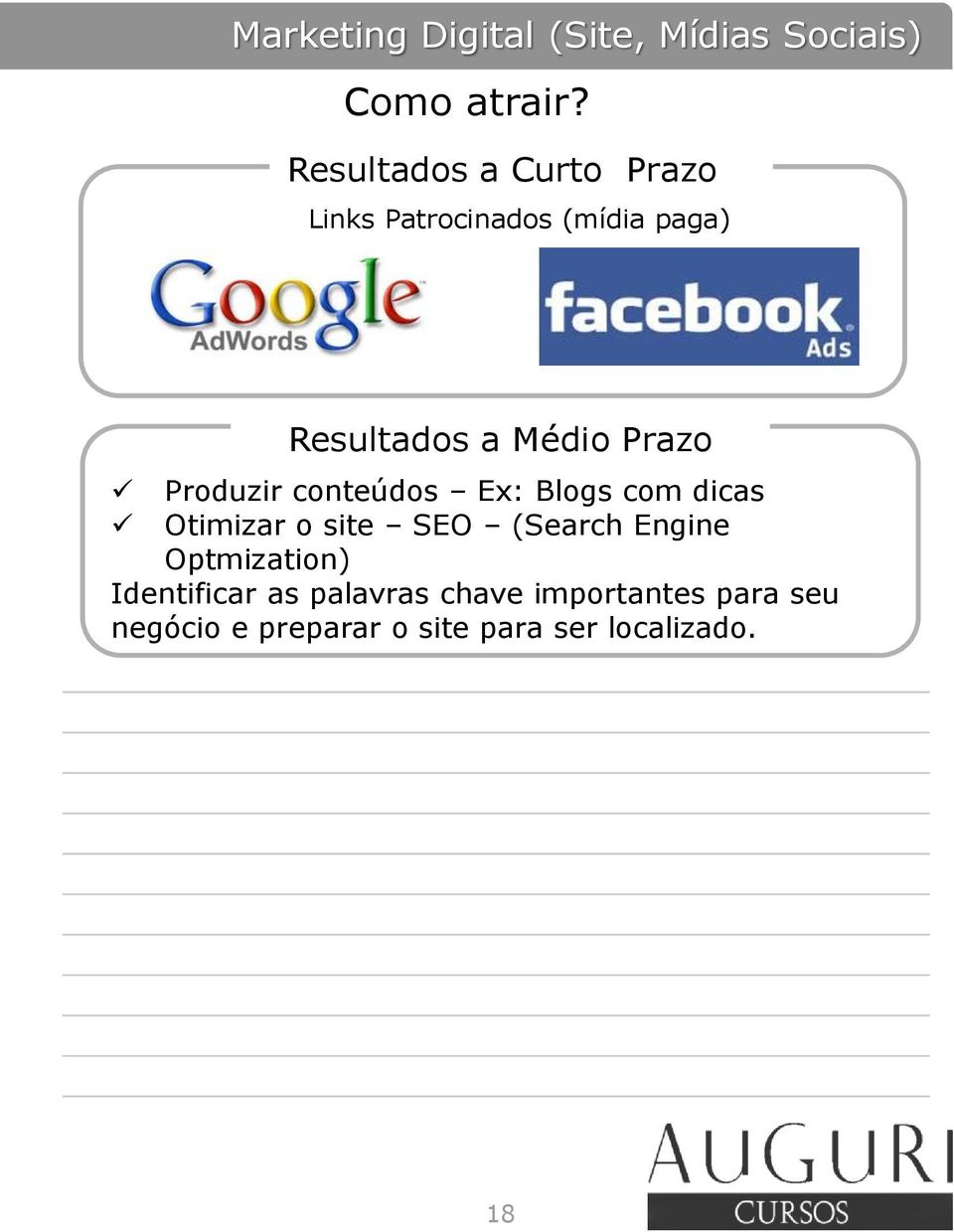 Prazo Produzir conteúdos Ex: Blogs com dicas Otimizar o site SEO (Search Engine