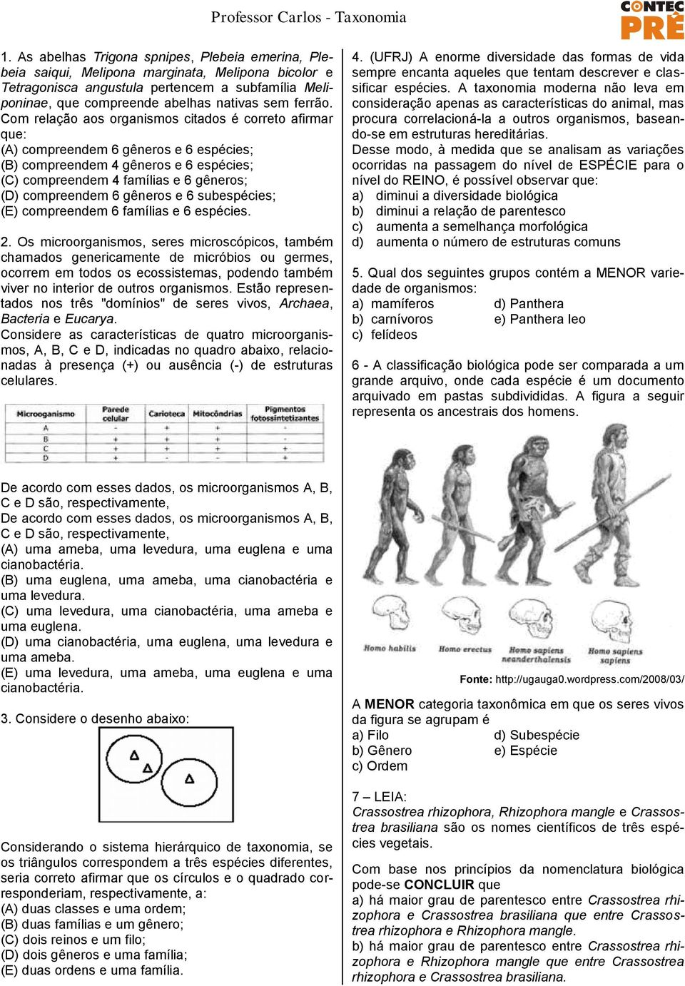 Com relação aos organismos citados é correto afirmar que: (A) compreendem 6 gêneros e 6 espécies; (B) compreendem 4 gêneros e 6 espécies; (C) compreendem 4 famílias e 6 gêneros; (D) compreendem 6