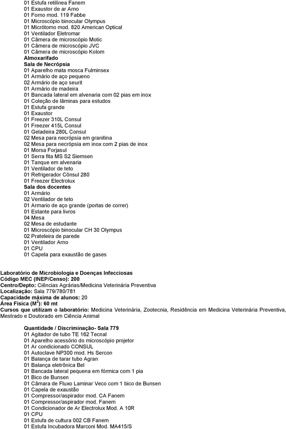 01 Armário de aço pequeno 02 Armário de aço seurit 01 Armário de madeira 01 Bancada lateral em alvenaria com 02 pias em inox 01 Coleção de lâminas para estudos 01 Estufa grande 01 Exaustor 01 Freezer
