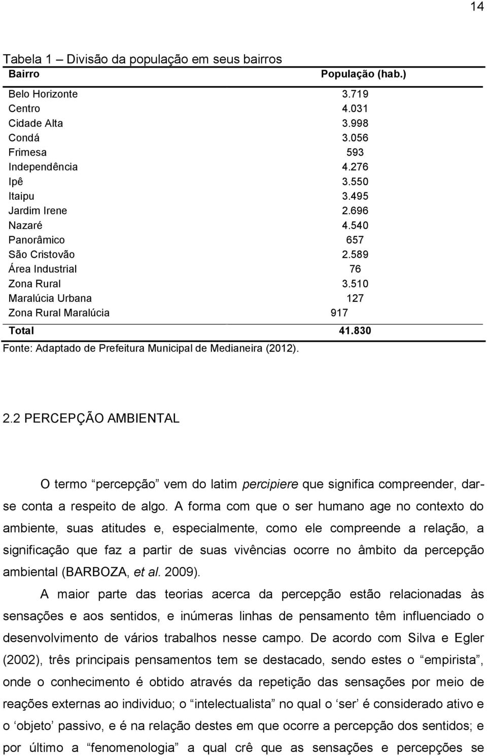 830 Fonte: Adaptado de Prefeitura Municipal de Medianeira (2012). 2.2 PERCEPÇÃO AMBIENTAL O termo percepção vem do latim percipiere que significa compreender, darse conta a respeito de algo.