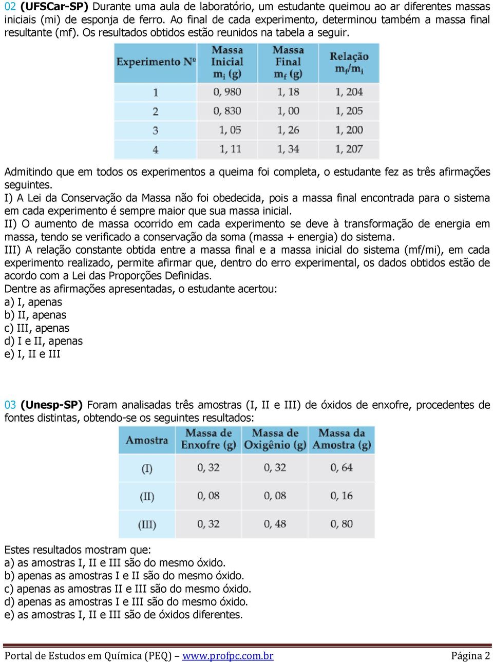 Admitindo que em todos os experimentos a queima foi completa, o estudante fez as três afirmações seguintes.