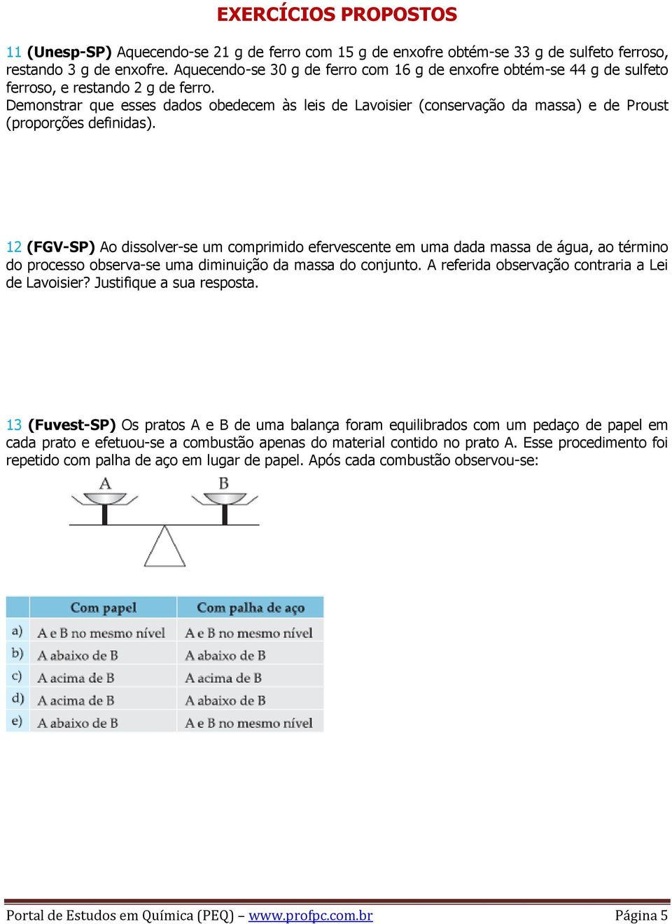 Demonstrar que esses dados obedecem às leis de Lavoisier (conservação da massa) e de Proust (proporções definidas).