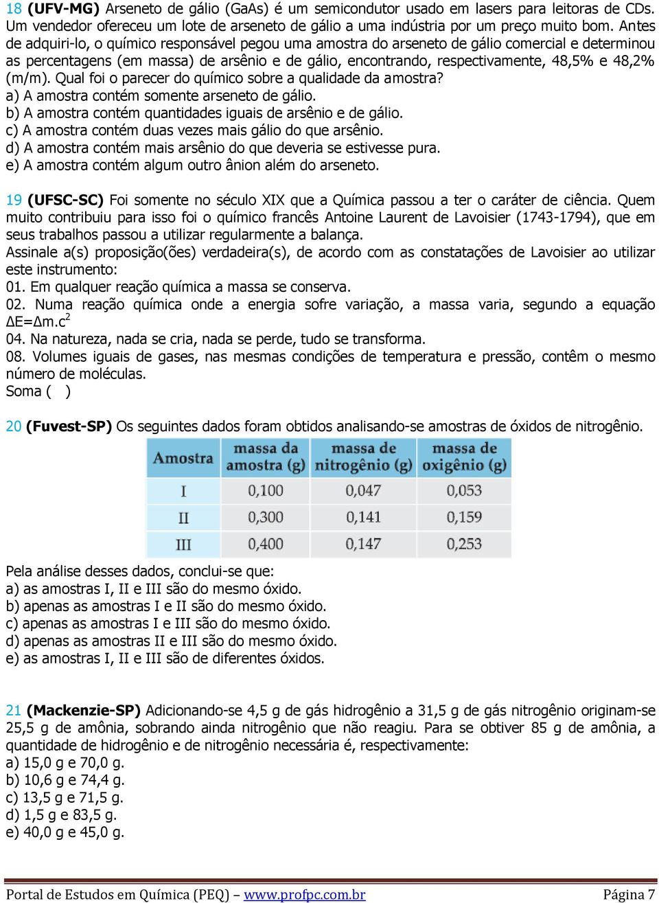 (m/m). Qual foi o parecer do químico sobre a qualidade da amostra? a) A amostra contém somente arseneto de gálio. b) A amostra contém quantidades iguais de arsênio e de gálio.