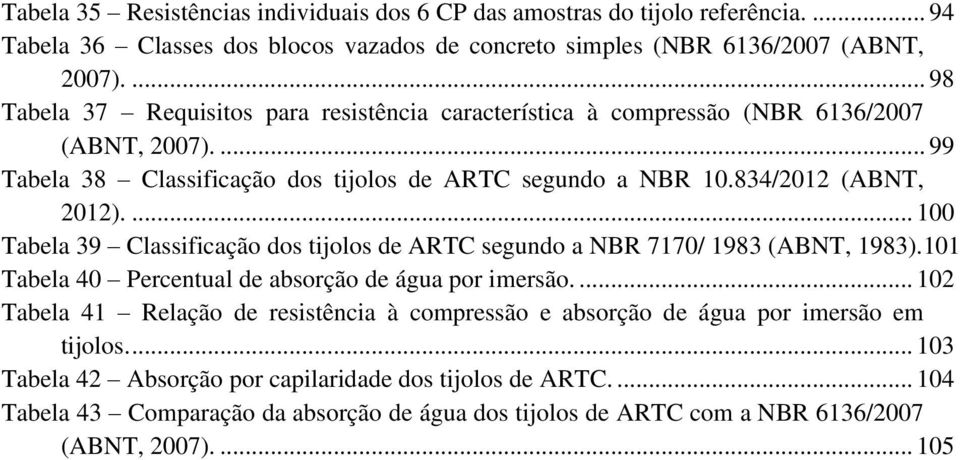 ... 100 Tabela 39 Classificação dos tijolos de ARTC segundo a NBR 7170/ 1983 (ABNT, 1983).101 Tabela 40 Percentual de absorção de água por imersão.