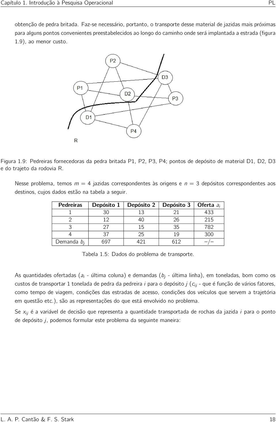 9), ao menor custo. Figura 1.9: Pedreiras fornecedoras da pedra britada P1, P2, P3, P4; pontos de depósito de material D1, D2, D3 e do trajeto da rodovia R.