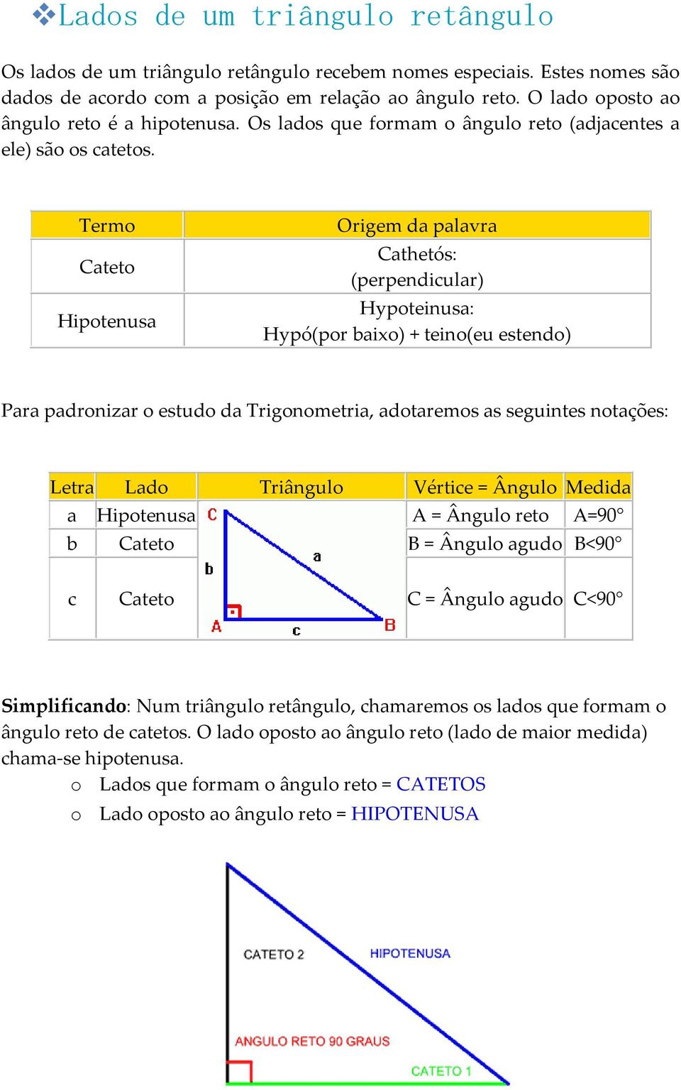 Termo Cateto Hipotenusa Origem da palavra Cathetós: (perpendicular) Hypoteinusa: Hypó(por baixo) + teino(eu estendo) Para padronizar o estudo da Trigonometria, adotaremos as seguintes notações: Letra
