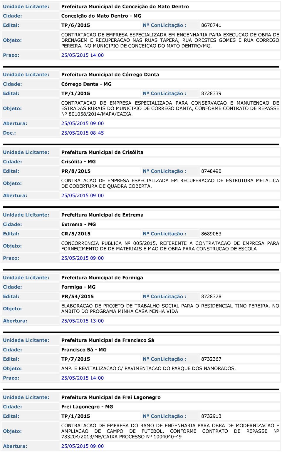 Prefeitura Municipal de Córrego Danta Córrego Danta - MG Edital: TP/1/2015 Nº ConLicitação : 8728339 CONTRATACAO DE EMPRESA ESPECIALIZADA PARA CONSERVACAO E MANUTENCAO DE ESTRADAS RURAIS DO MUNICIPIO